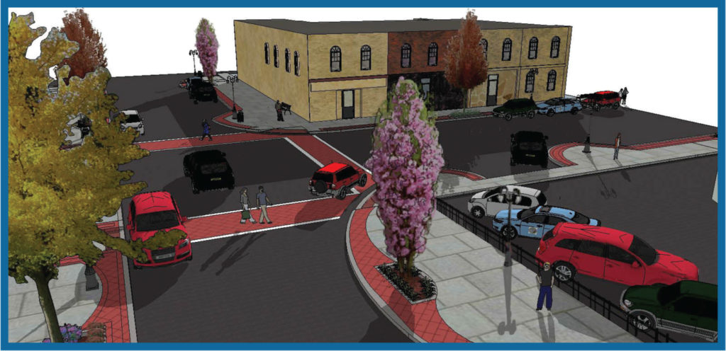 3D rendering of a busy urban street intersection.